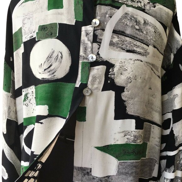 Kenar Button-Front Top Tunic Long-Sleeve Crew-Neck Green/Cream/Black Print S Ray - Picture 4 of 7